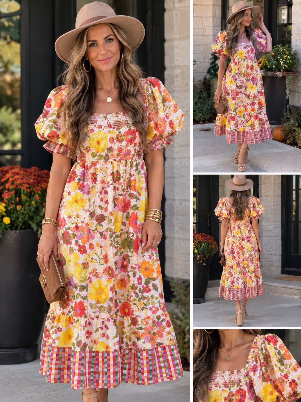Bright Floral Puff-Sleeve Midi Dress in Yellow & Pink